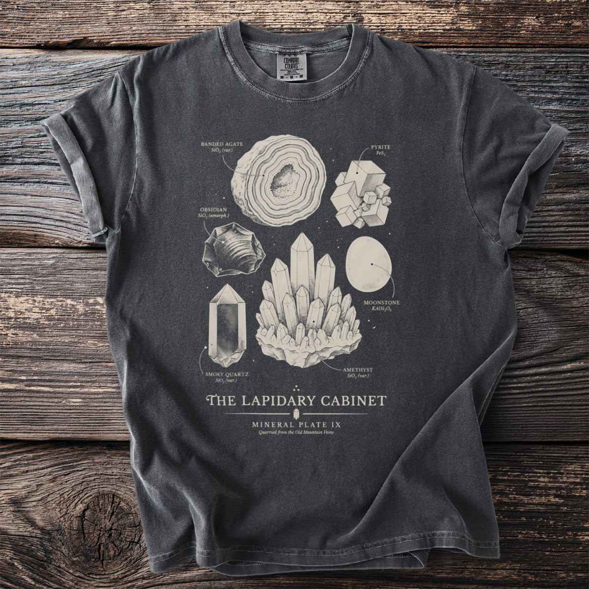 T-shirt featuring scientific illustrations of banded agate, obsidian, pyrite, and gemstones with text.