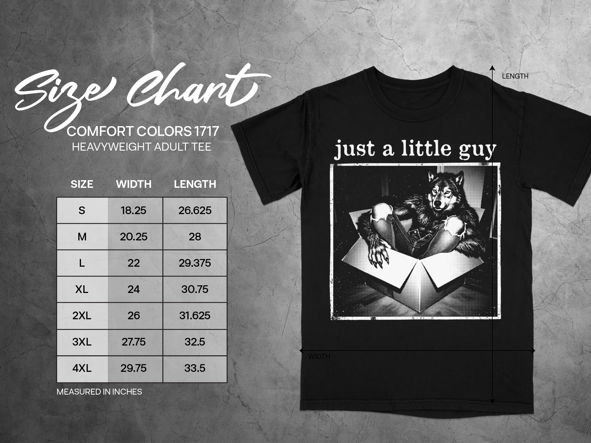 Size chart for Comfort Colors 1717 heavyweight adult tee with width and length measurements.