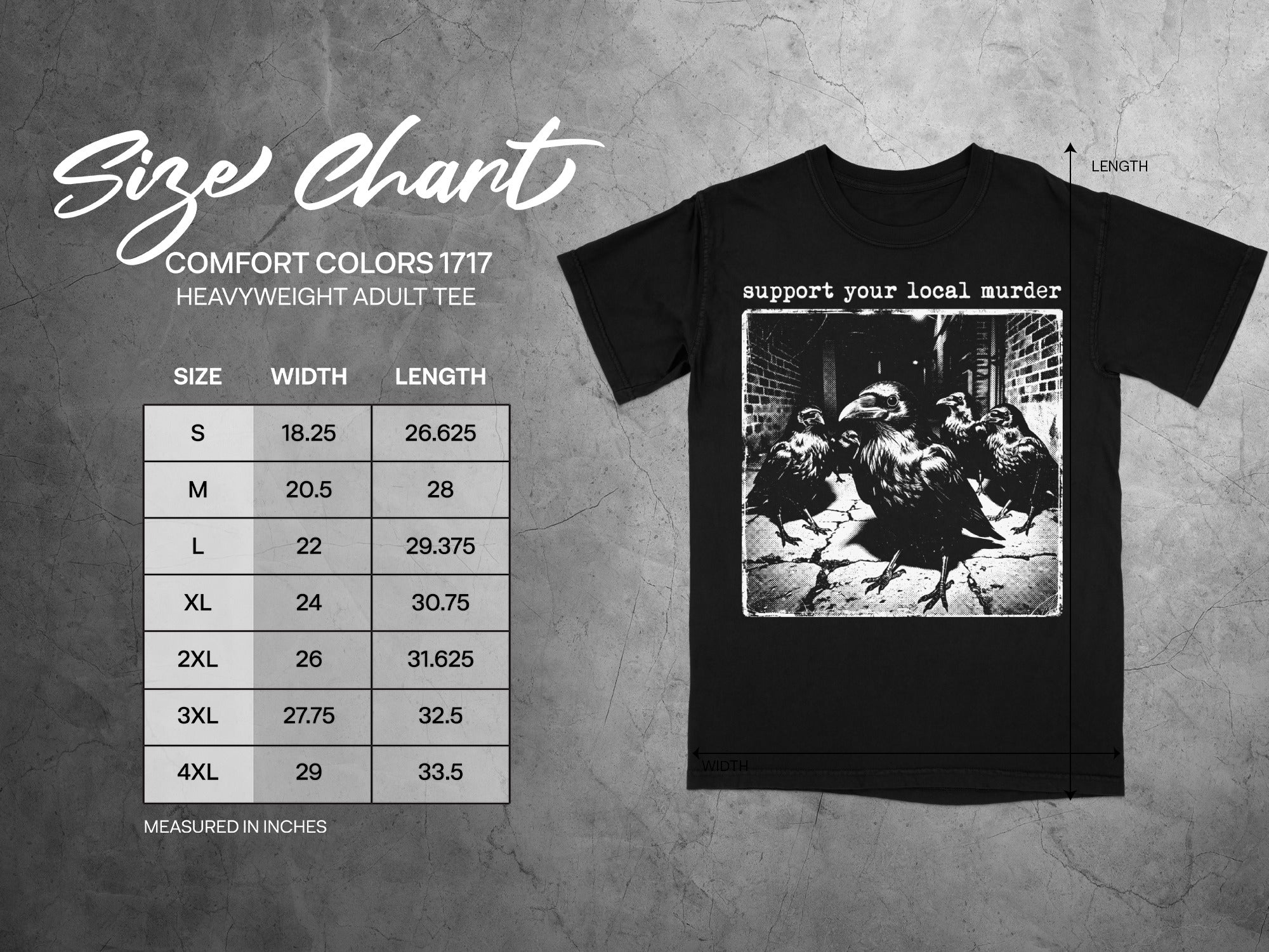 Comfort Colors 1717 heavyweight adult tee size chart with graphic of crows.
