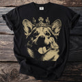Black t-shirt with a gold graphic of a corgi wearing a crown.