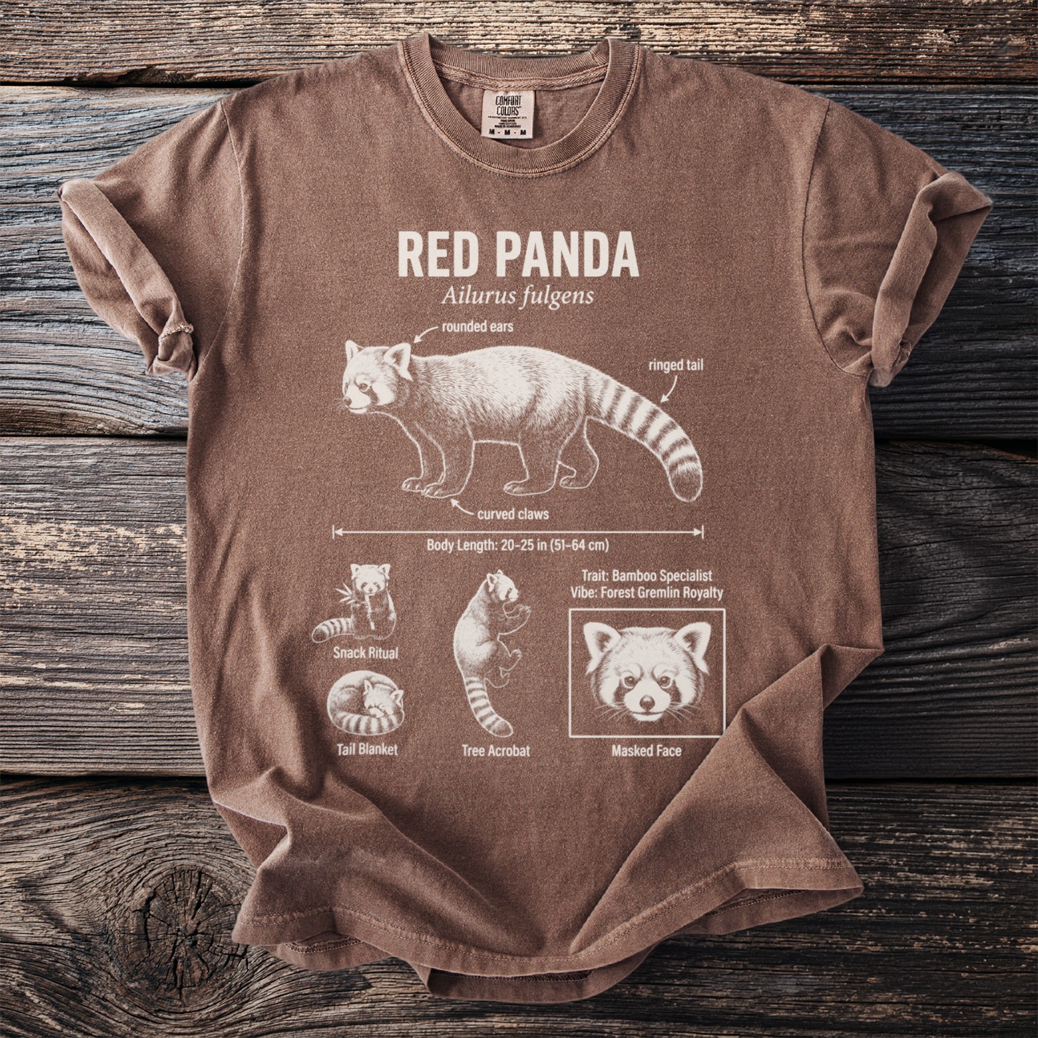 Red Panda t-shirt with anatomical diagrams and text "Red Panda Ailurus fulgens".