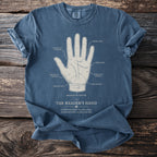 Blue t-shirt with a diagram of "The Reader's Hand" and palmistry labels.
