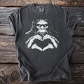 Gray t-shirt with white graphic of a gorilla making a heart shape with its hands.