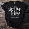 Black t-shirt with "Dr. Hollow's Nerve Tonic" vintage-style graphic.
