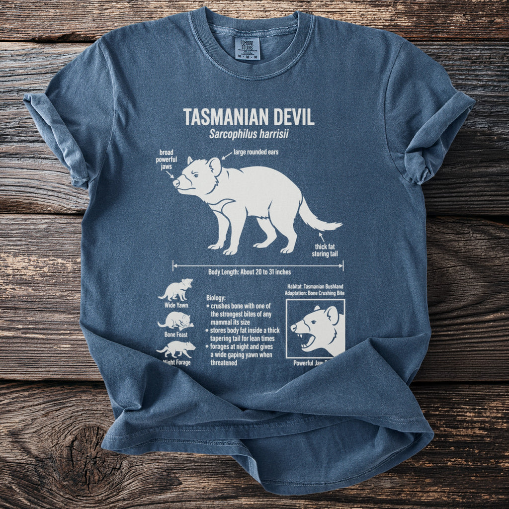 Blue t-shirt with white graphic of a Tasmanian Devil and its biological facts.
