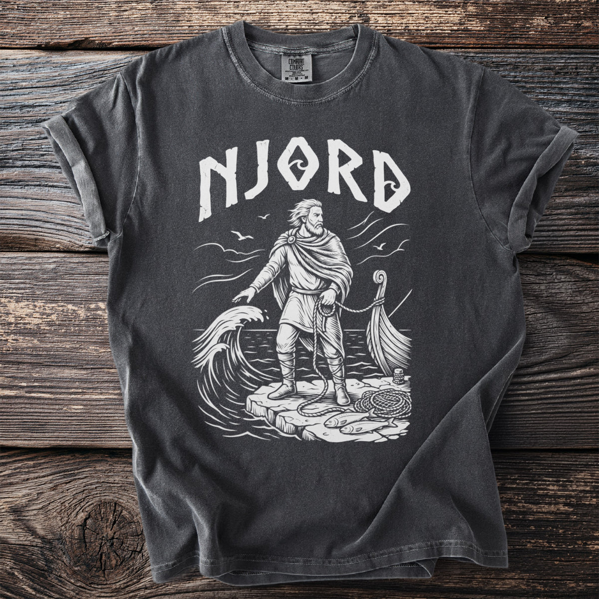 T-shirt with white graphic of "NJORD" and a Viking man by a boat and rough seas.