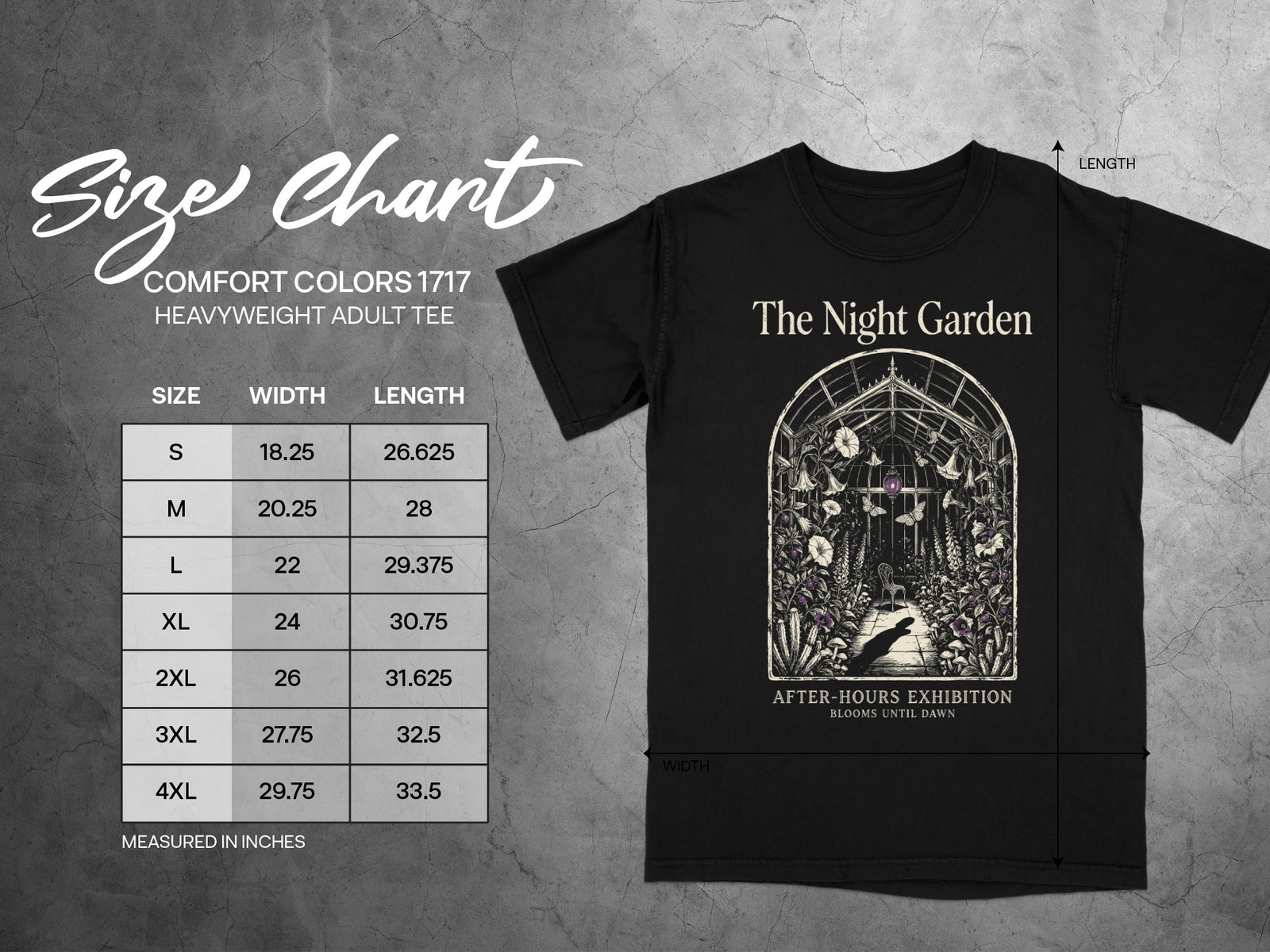Comfort Colors 1717 size chart for heavyweight adult tee with "The Night Garden" graphic.