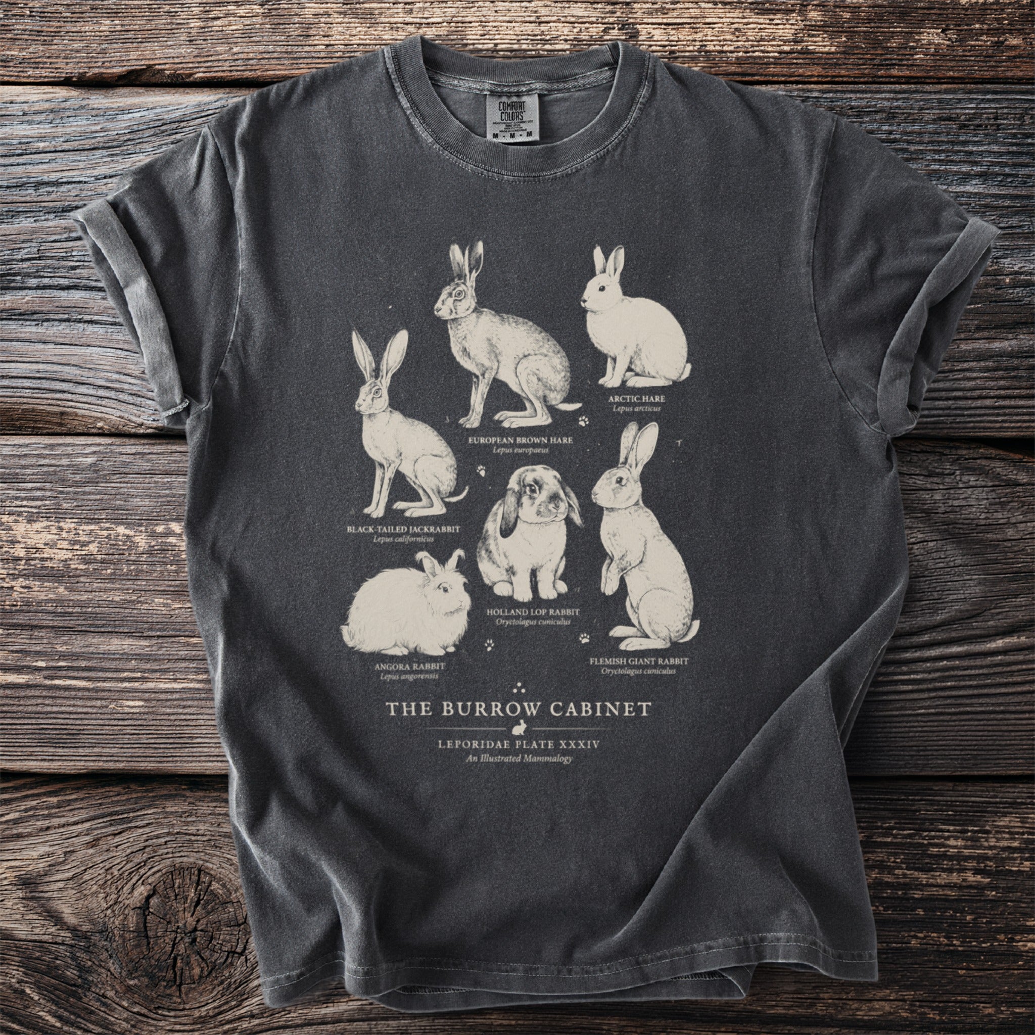 T-shirt featuring an illustration of six rabbit and hare species titled "The Burrow Cabinet."