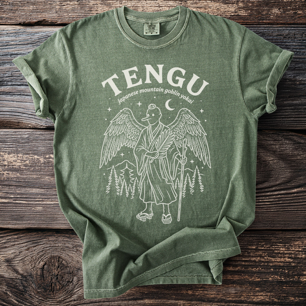 Green t-shirt with Tengu illustration and text "japanese mountain goblin yokai"