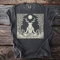 Dark gray t-shirt with a white line art graphic of a deer-headed figure meditating.