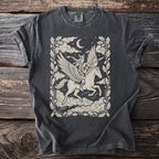Valkyrie riding a winged horse with a moon and stars, framed by oak leaves.