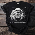 Black t-shirt with a black and white graphic of a jumping spider above the text "i'll keep you company".