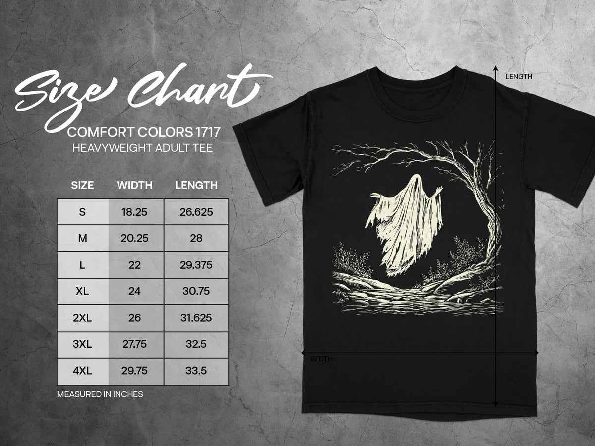 Comfort Colors 1717 heavyweight adult tee size chart with width and length measurements in inches.