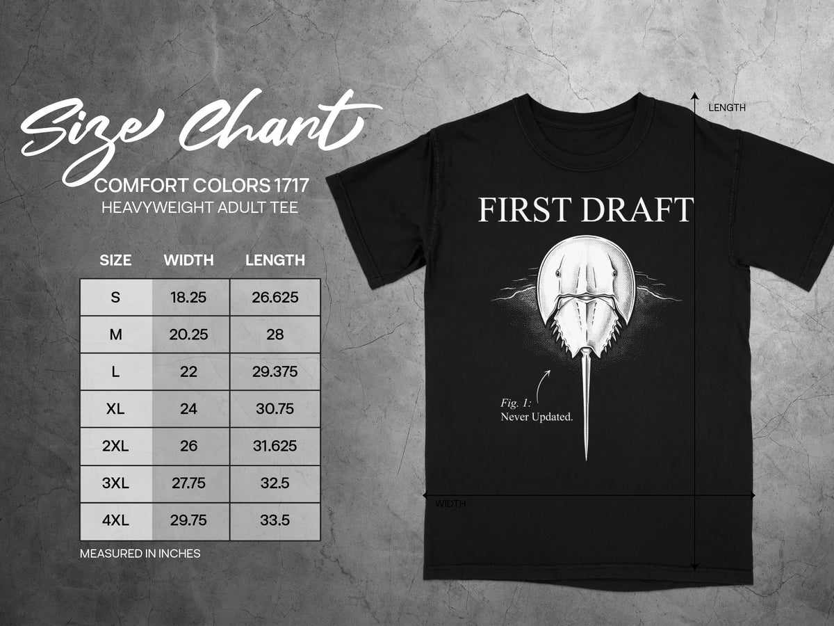 Black t-shirt with "First Draft" and horseshoe crab graphic, includes size chart.
