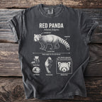 T-shirt displays a detailed illustration of a red panda with labeled features and behaviors.