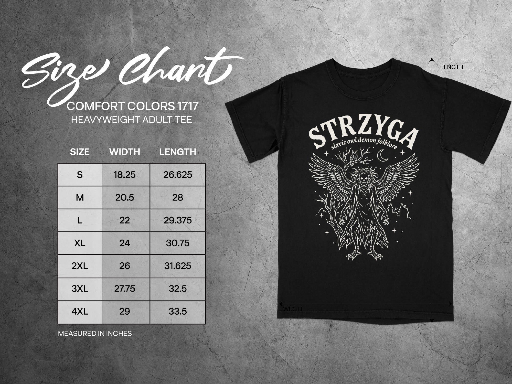 Comfort Colors 1717 garment size chart in inches.