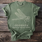 Green t-shirt with a white line drawing of a dragonfly and text "ODONATA ORDER OF ANCIENT WINGS".