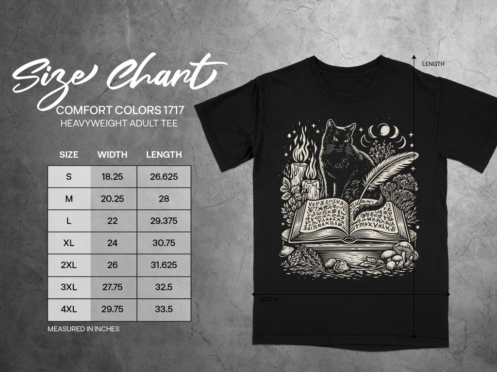 Size chart for Comfort Colors 1717 heavyweight adult tee with mystical cat and book graphic.