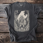 Dark t-shirt featuring a Viking warrior with a bear behind him.