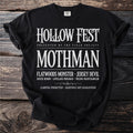 Black t-shirt with "Hollow Fest Mothman" and cryptid names in distressed white text.