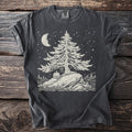 Dark grey t-shirt with a linocut-style graphic of a tree, moon, stars, and pumpkin.