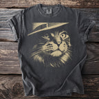 Dark t-shirt with beige graphic of a cat wearing a fedora.