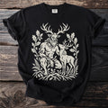 Black t-shirt with a light-colored design of a mythical figure and a deer.