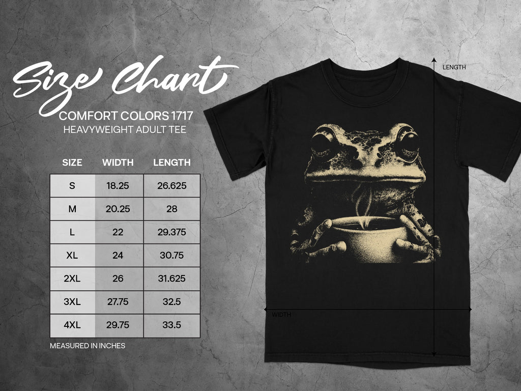 Comfort Colors 1717 heavyweight adult tee size chart. Frog holding coffee graphic.