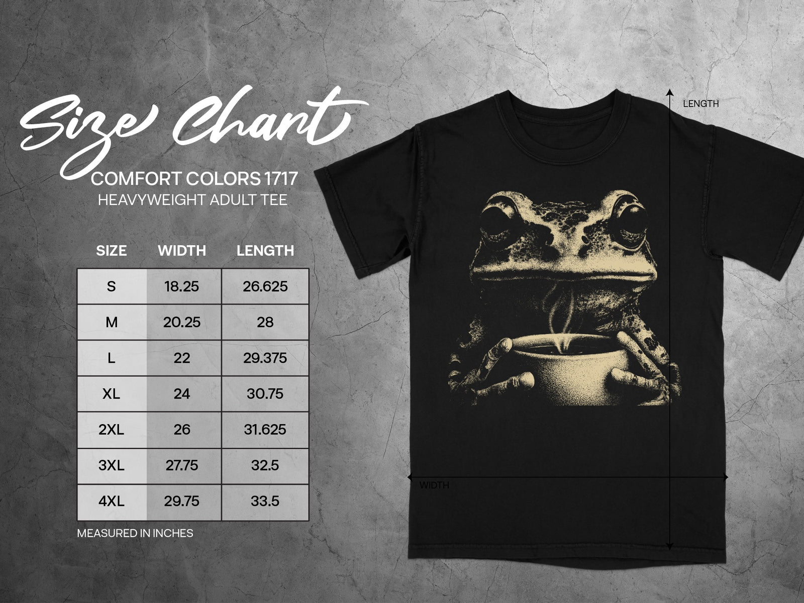 Comfort Colors 1717 heavyweight adult tee size chart. Frog holding coffee graphic.