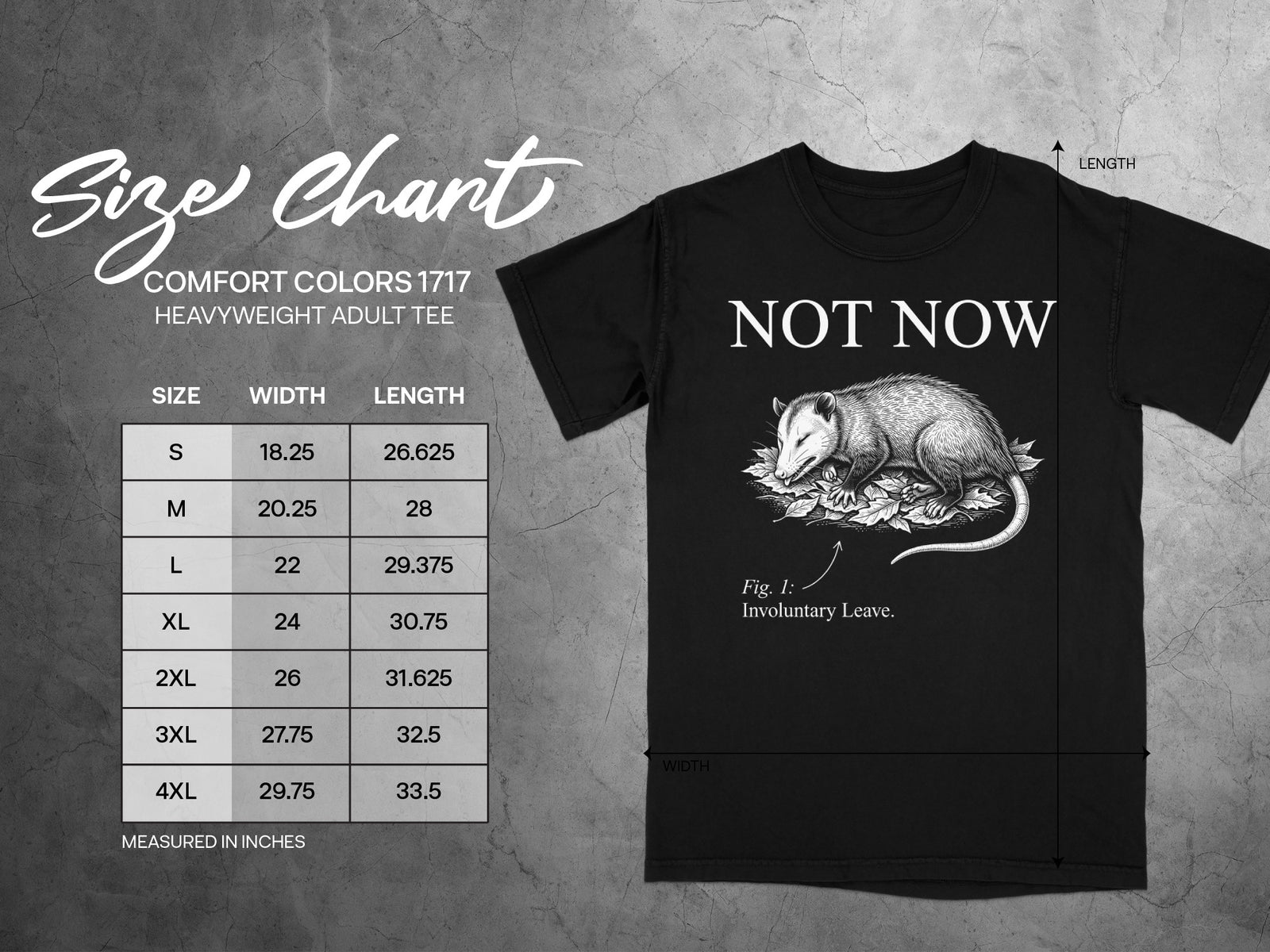 Black t-shirt with "NOT NOW" text and a drawing of a possum; includes a size chart.
