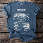 Blue t-shirt with opossum anatomy diagram: pointed snout, prehensile tail, opposable thumb.