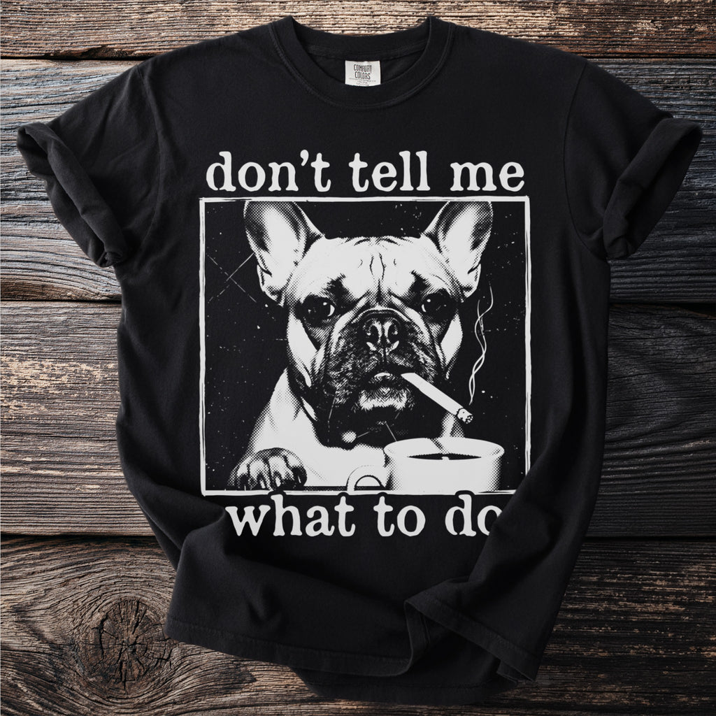 Black t-shirt with French Bulldog graphic and text.