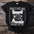 Black t-shirt with French Bulldog graphic and text.