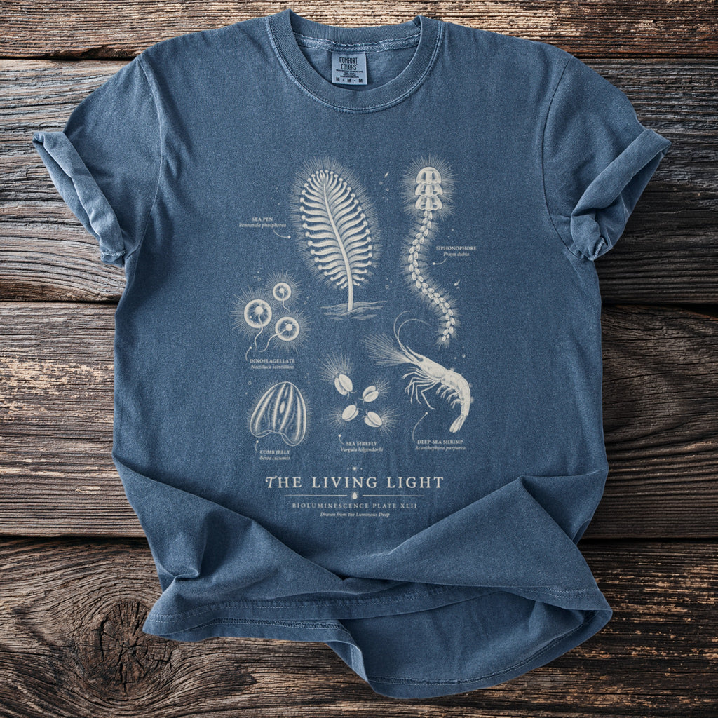 T-shirt with "The Living Light" bioluminescence illustration of sea creatures.