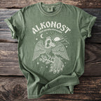 Alkonost Slavic paradise bird maiden graphic tee on green shirt.