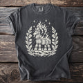 Dark grey t-shirt featuring a cream graphic of a straw goat with flames and stars.