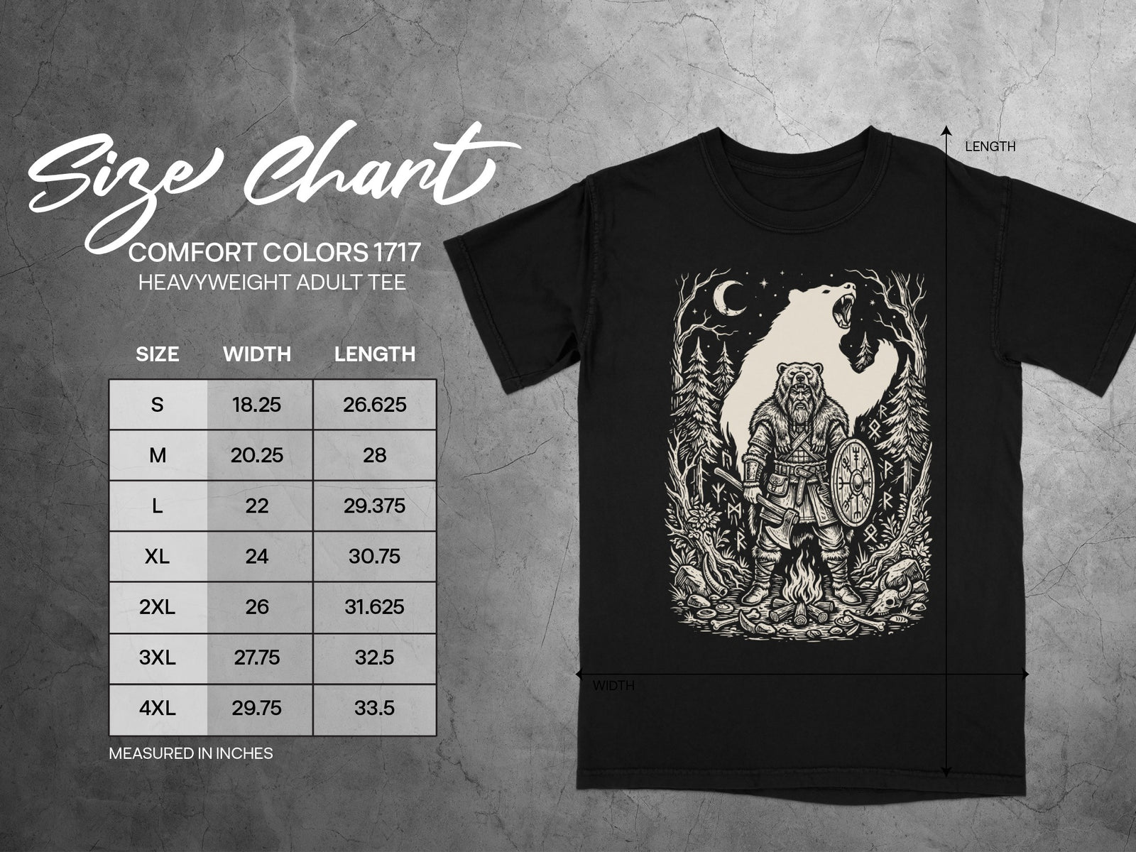 Size chart for Comfort Colors 1717 heavyweight adult tee, Viking with bear graphic.