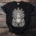 Black t-shirt with a cream print of Medusa, two soldiers, and foliage.