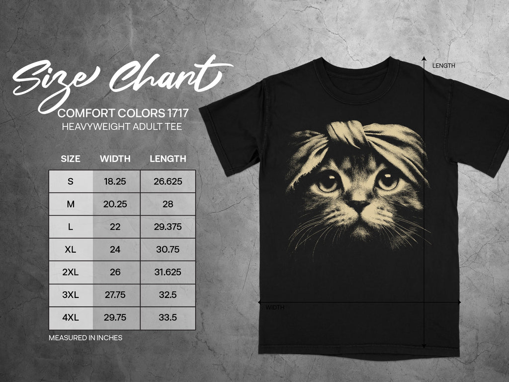 Size chart for Comfort Colors 1717 heavyweight adult tee with cat graphic.