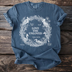 Blue t-shirt with "Love the Unloved" and birds: Marabou Stork, Shoebill, Northern Bald Ibis, Helmeted Hornbill, Cassowary.