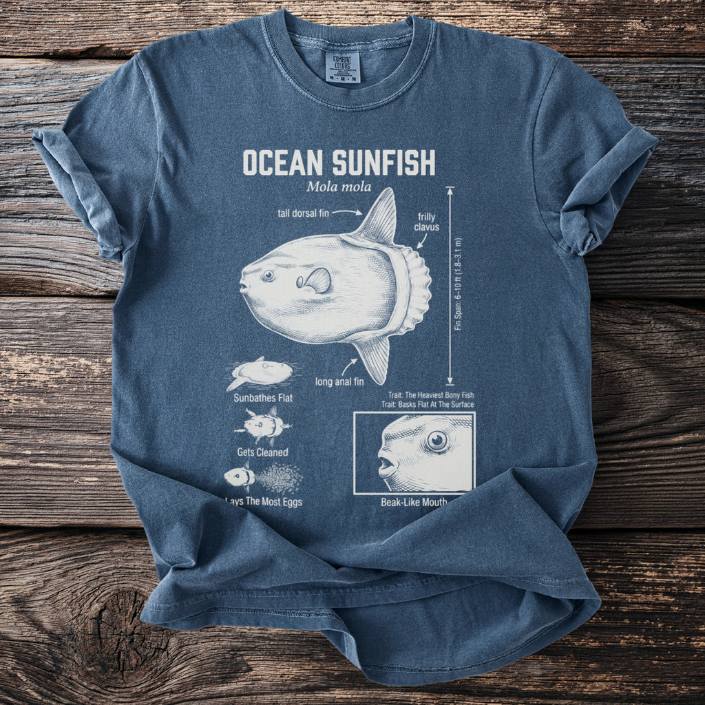 Ocean Sunfish diagram with text labels on a blue t-shirt.