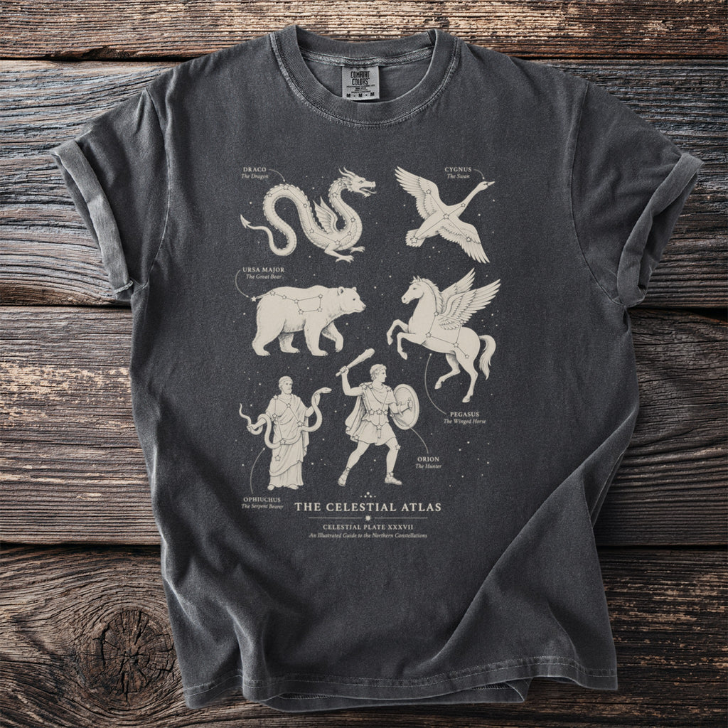 Shirt with "The Celestial Atlas" design featuring constellations of Draco, Cygnus, Ursa Major, Pegasus, Orion, and Ophiuchus.
