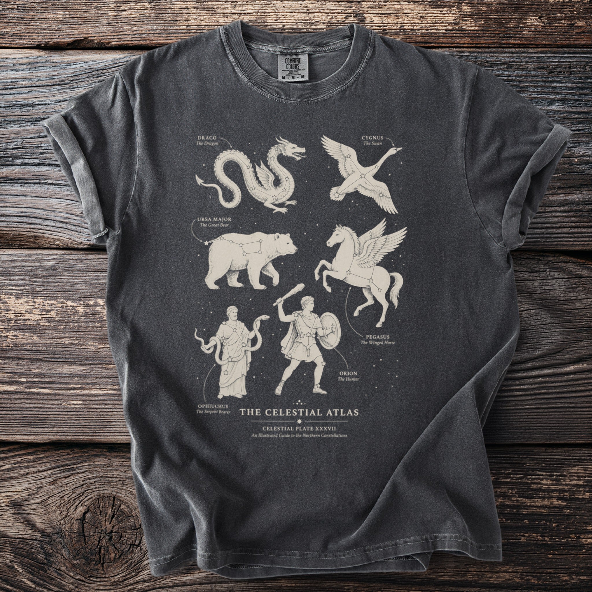 Shirt with "The Celestial Atlas" design featuring constellations of Draco, Cygnus, Ursa Major, Pegasus, Orion, and Ophiuchus.