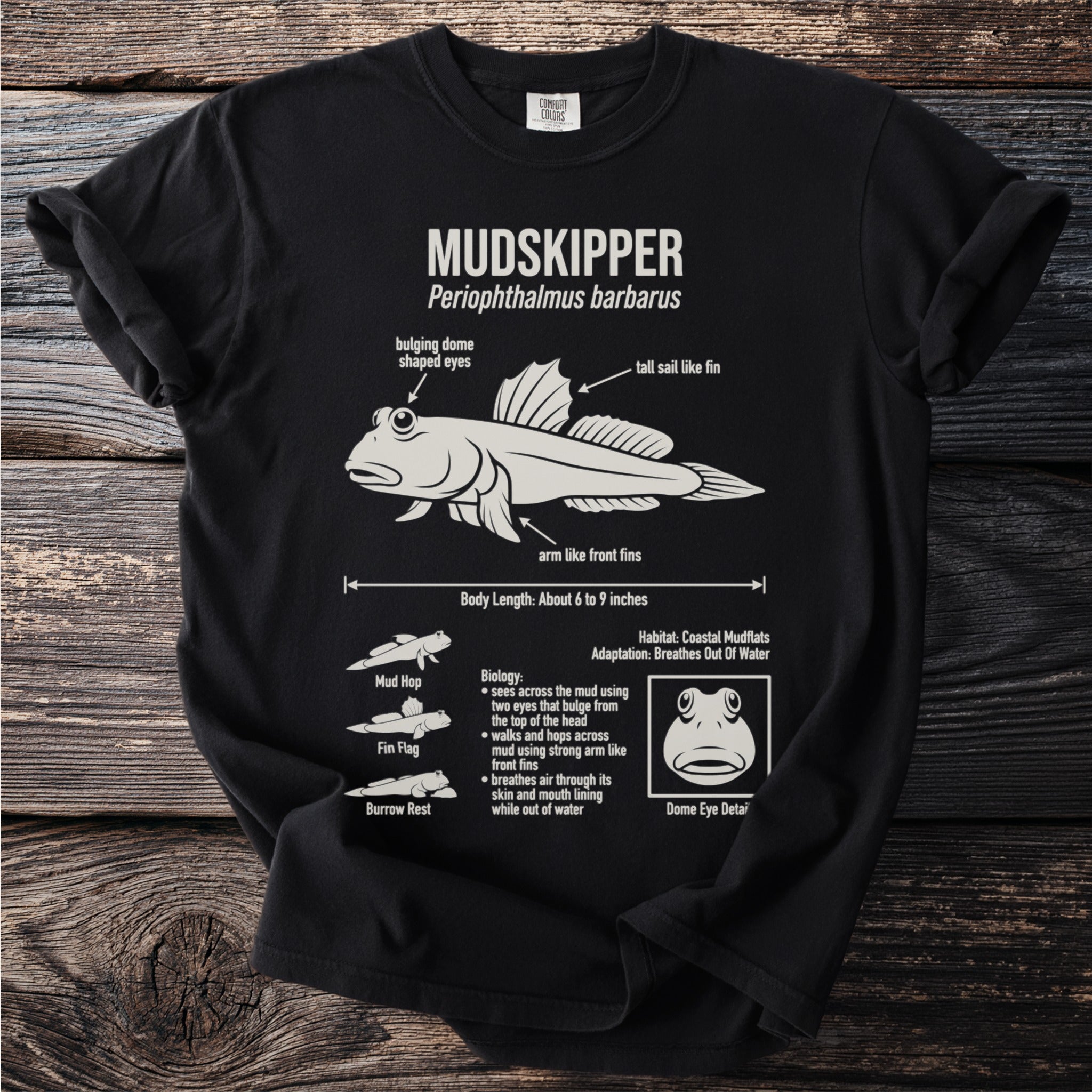 Black t-shirt with a diagram of a mudskipper and its biological features.