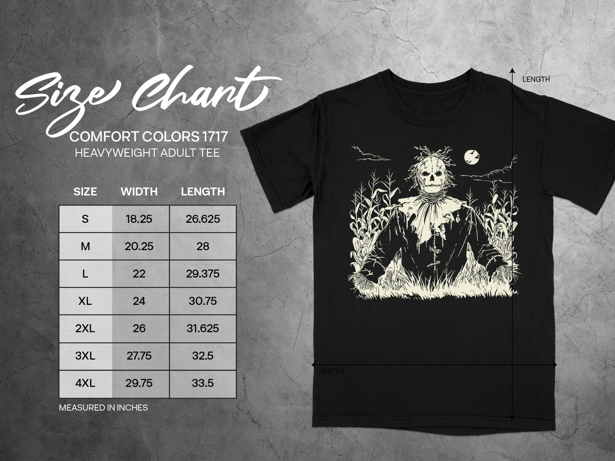 Comfort Colors 1717 heavyweight adult tee size chart with width and length measurements in inches.