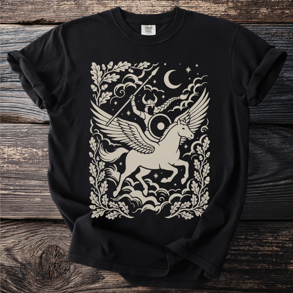 Viking rides winged horse with spear and shield, moon and stars border.