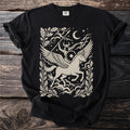 Viking rides winged horse with spear and shield, moon and stars border.