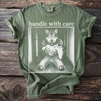 Green t-shirt with graphic of a wolf holding a baby, text reads "handle with care".
