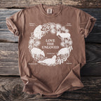 Brown shirt with "Love the Unloved" graphic featuring endangered animals in a circle.
