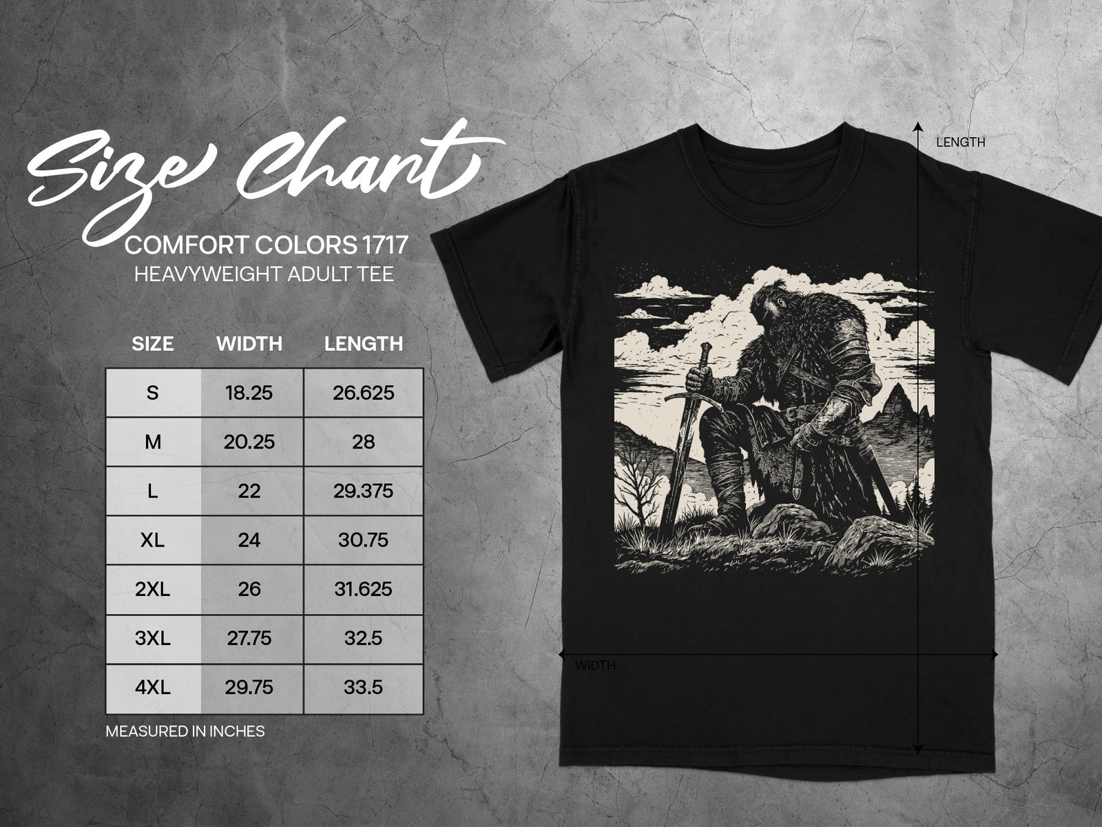 Comfort Colors 1717 heavyweight adult tee size chart with width and length measurements.